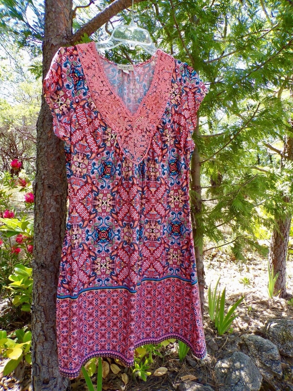 ONE WORLD Pink Multicolor Crochet V-Neck Boho Mini Dress